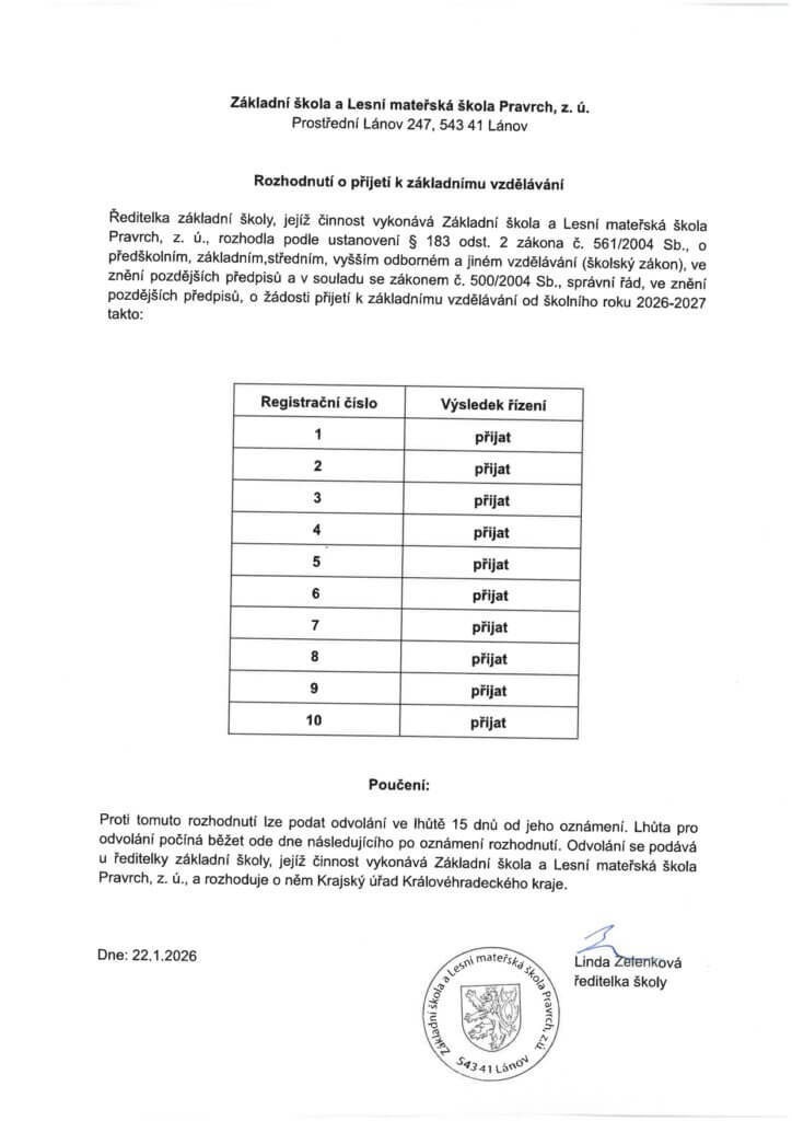 Rozhodnutí o přijetí k základnímu vzdělávání () page